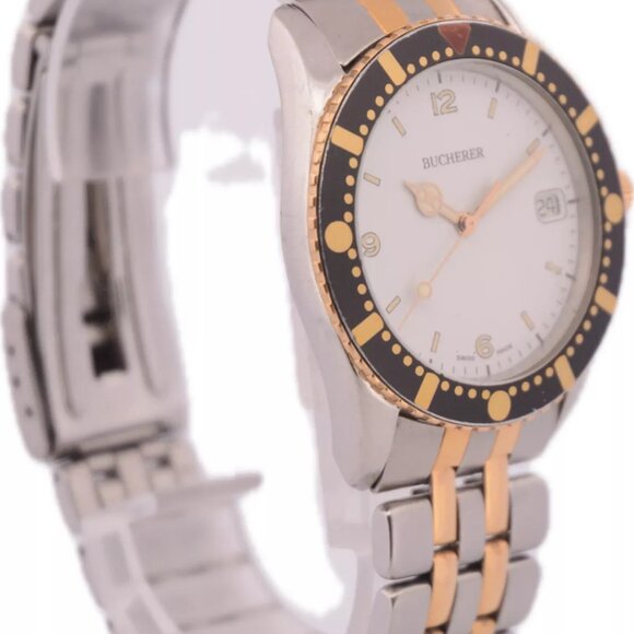 Vintage 36mm Bucherer 955.711 Men\'s Quartz Wristwatch Swiss Steel Two Tone